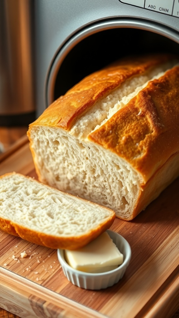 Freshly baked bread loaf sliced on a cutting board with butter.